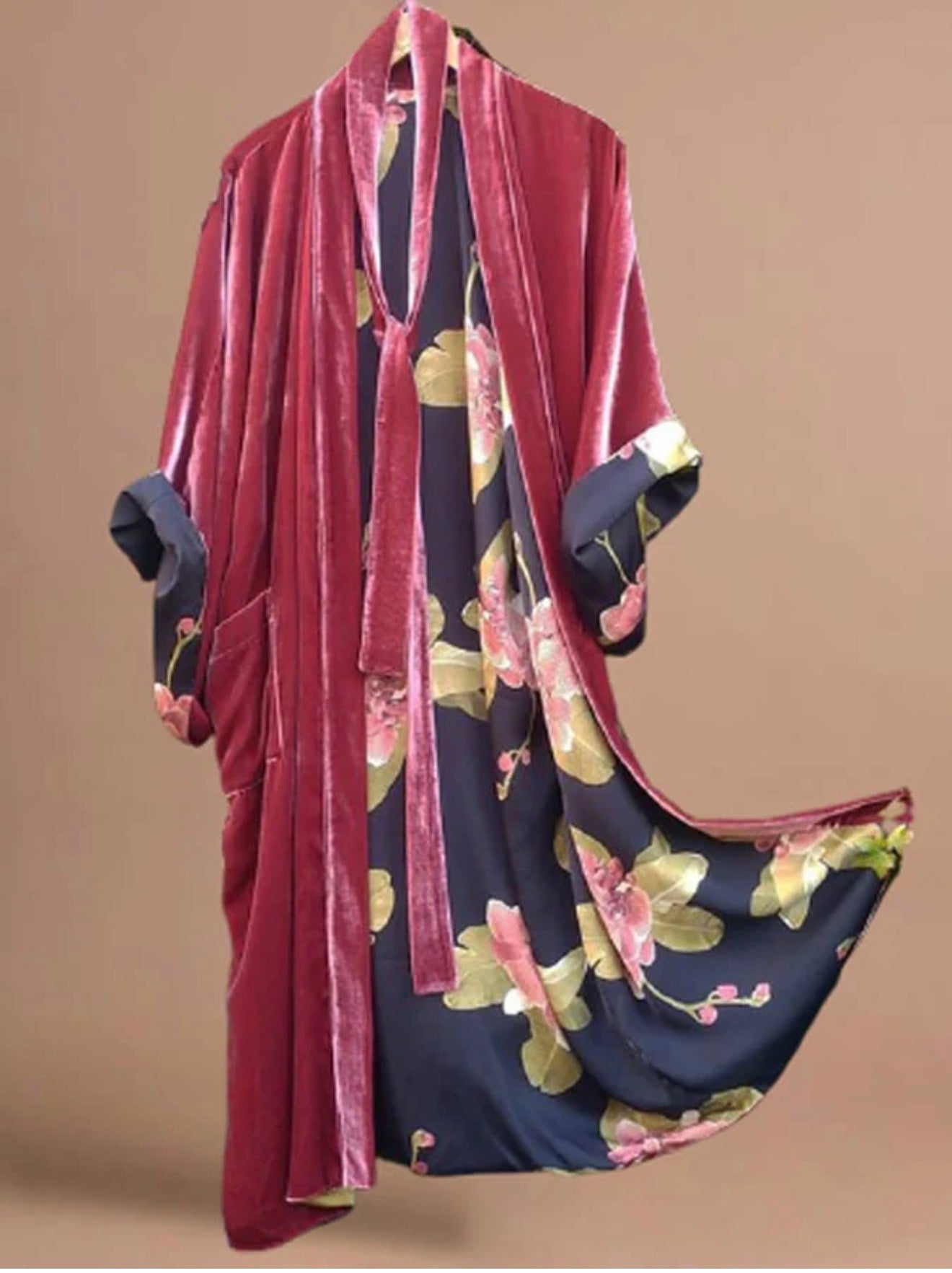 Fushia Velvet Floral Print Long Sleeve Robe