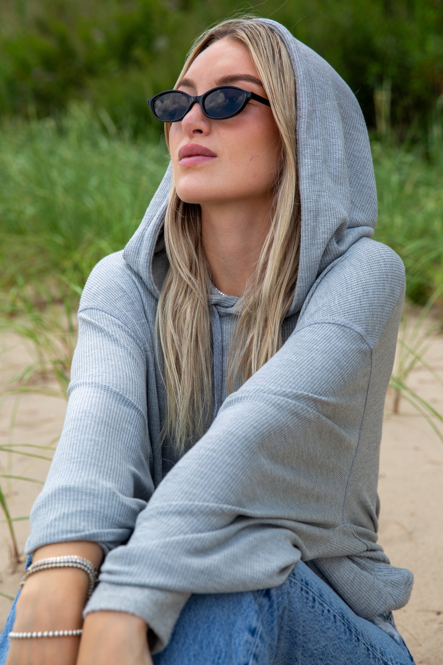 BOXY THERMAL HOODED SWEATSHIRT-HEATHER GREY