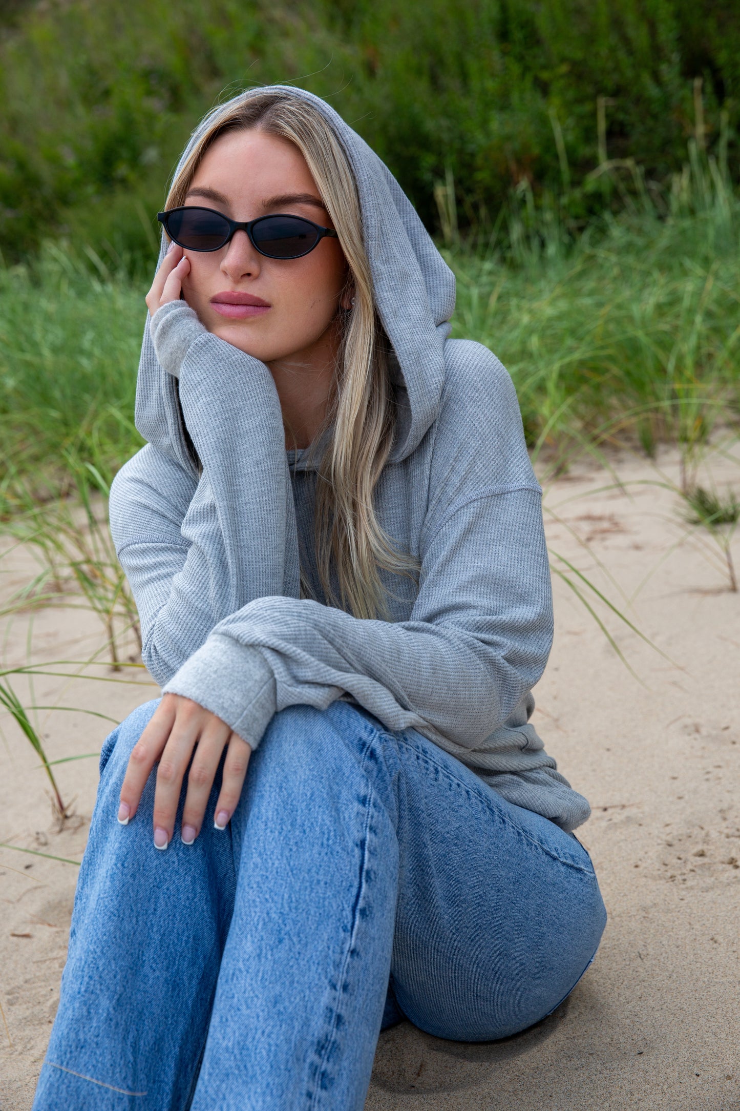 BOXY THERMAL HOODED SWEATSHIRT-HEATHER GREY