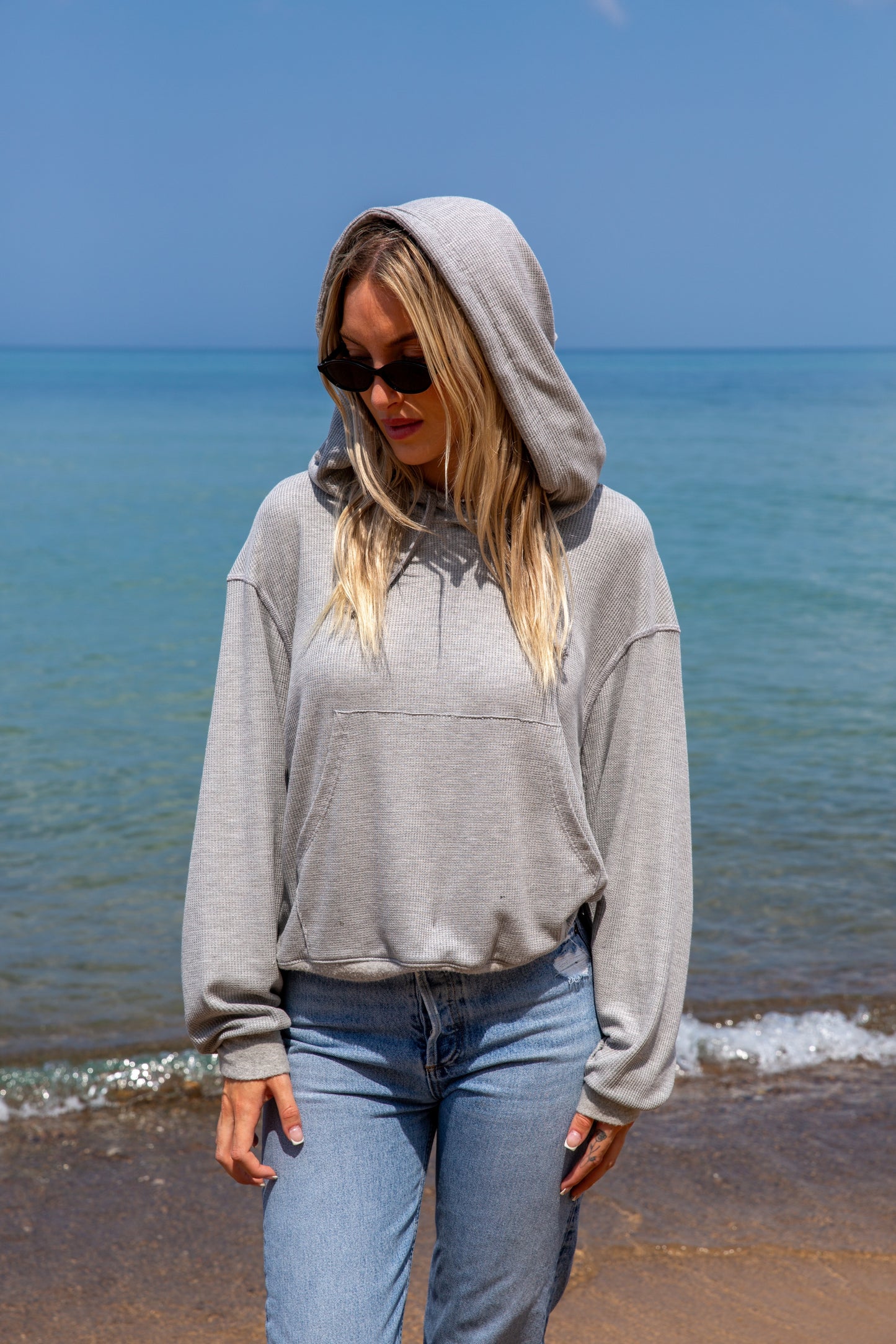 BOXY THERMAL HOODED SWEATSHIRT-HEATHER GREY