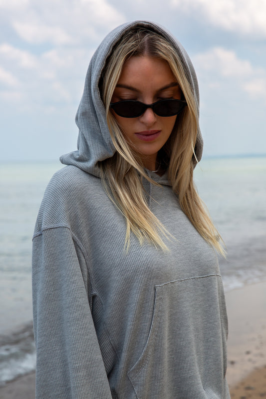 BOXY THERMAL HOODED SWEATSHIRT-HEATHER GREY