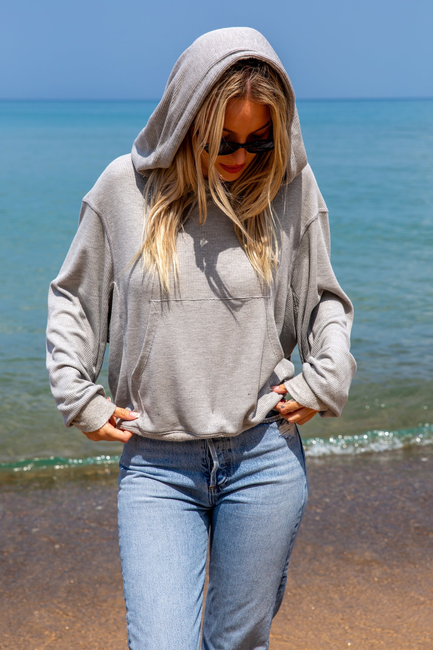 BOXY THERMAL HOODED SWEATSHIRT-HEATHER GREY