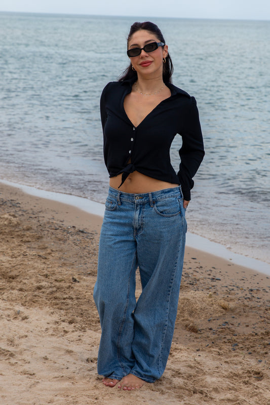 THERMAL TIE FRONT HEART SHIRT-BLACK