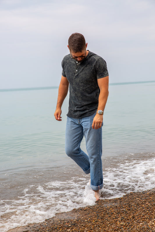 COTTON SLUB SHORT SLEEVE HENLEY -VINTAGE ARMY