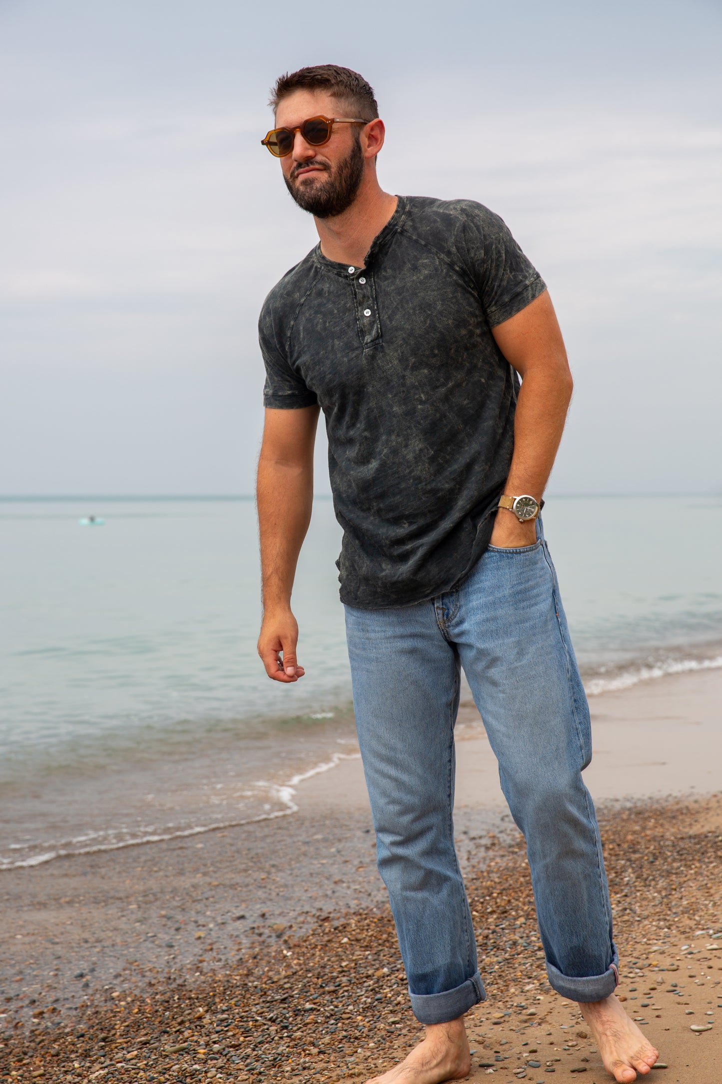 COTTON SLUB SHORT SLEEVE HENLEY -VINTAGE ARMY