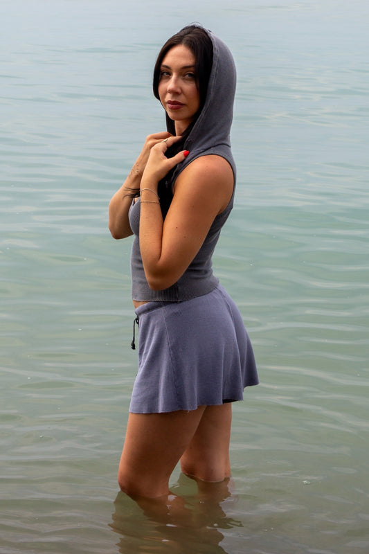 THERMAL HOODED LACE BACK TANK-CHARCOAL