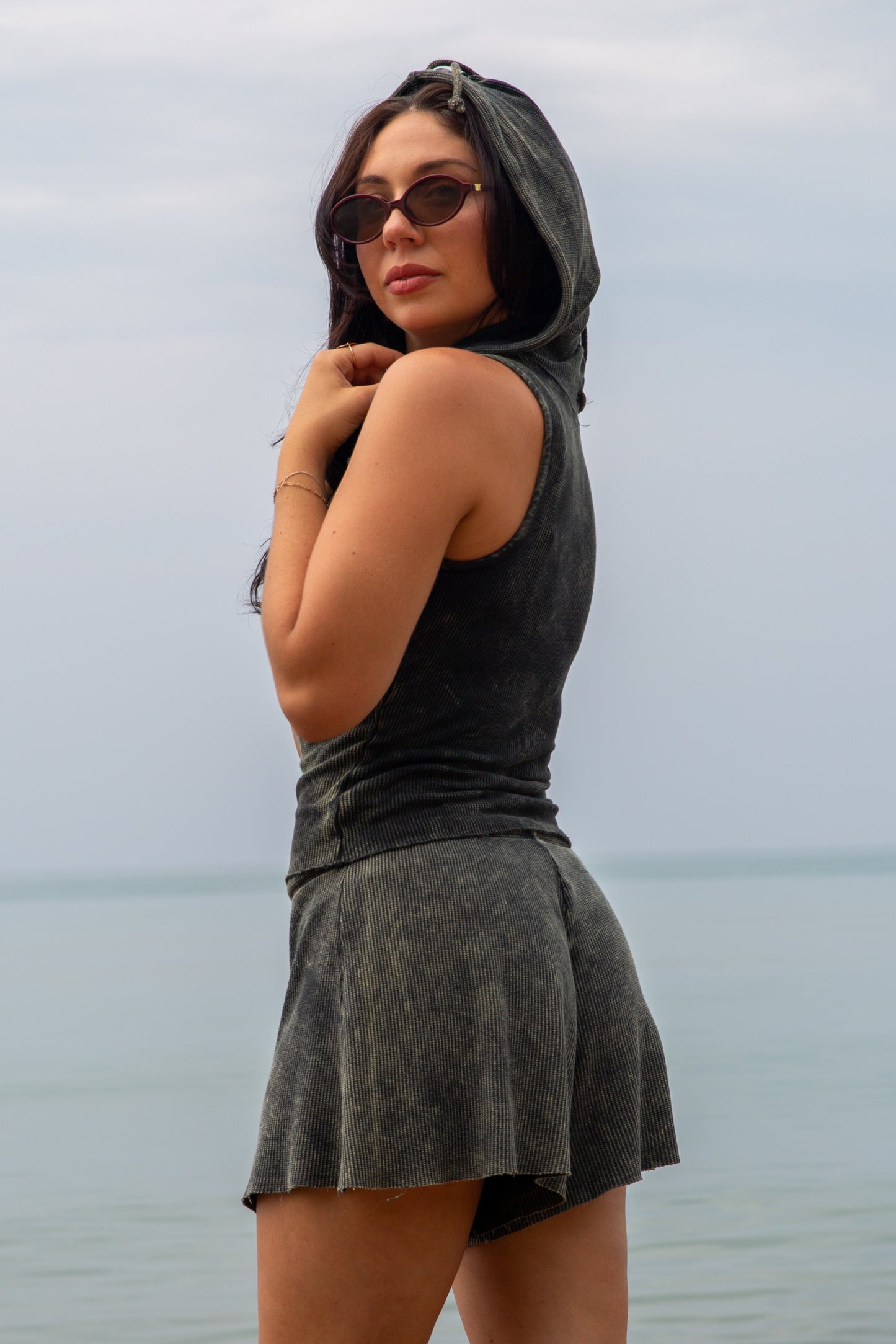 THERMAL HOODED LACE BACK TANK-VINTAGE ARMY