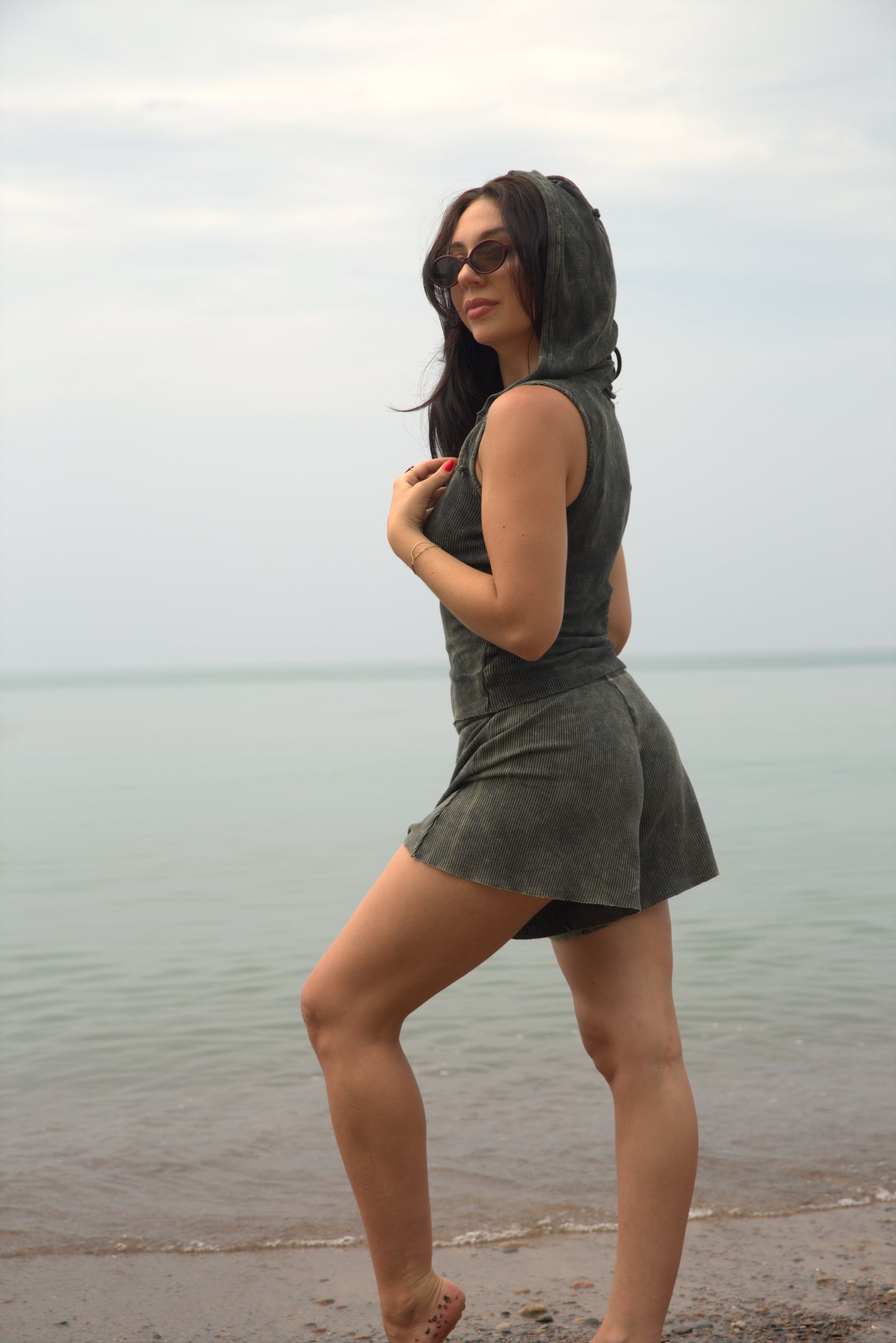 THERMAL HOODED LACE BACK TANK-VINTAGE ARMY