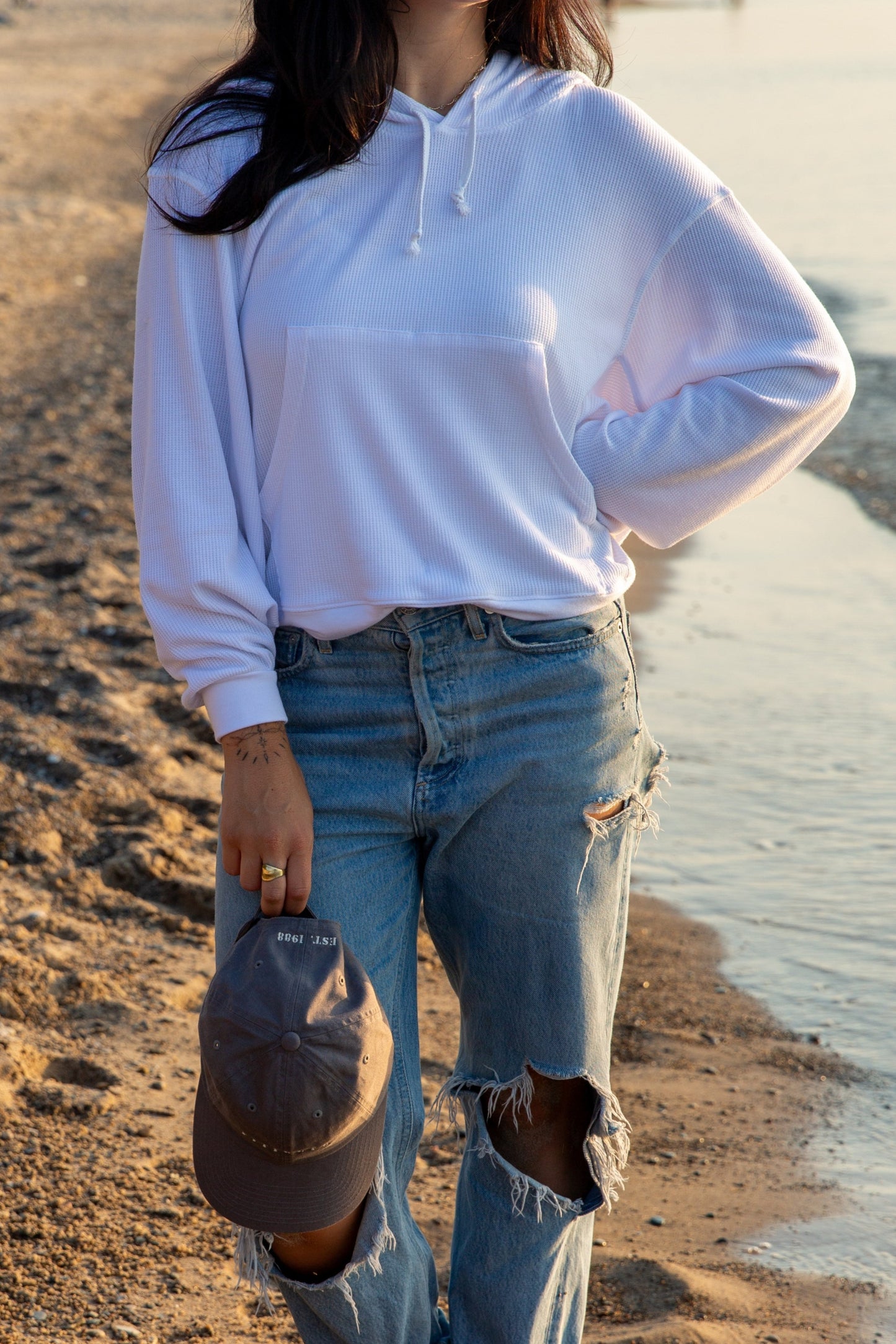BOXY THERMAL HOODED SWEATSHIRT-WHITE