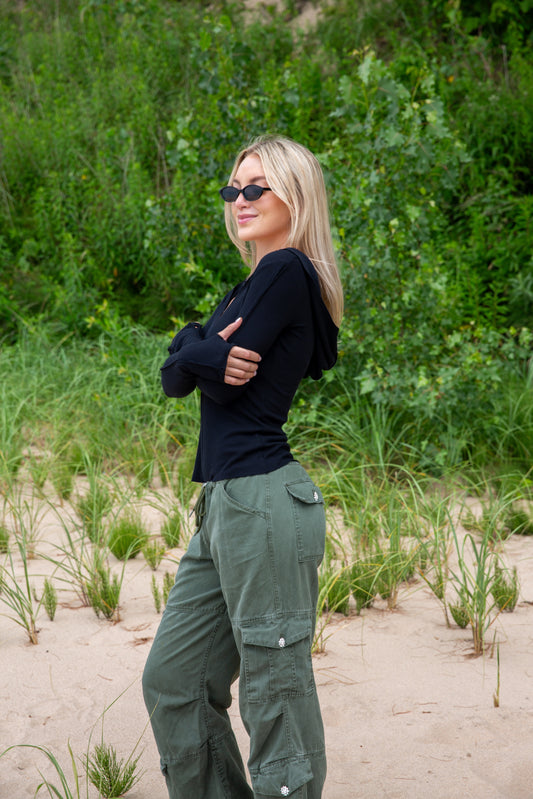 THERMAL HOODED SHIRT W/ THUMBHOLE - BLACK