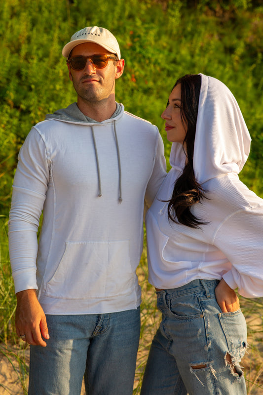 TENCEL FLEECE HOODED SWEATSHIRT - WHITE/HEATHER
