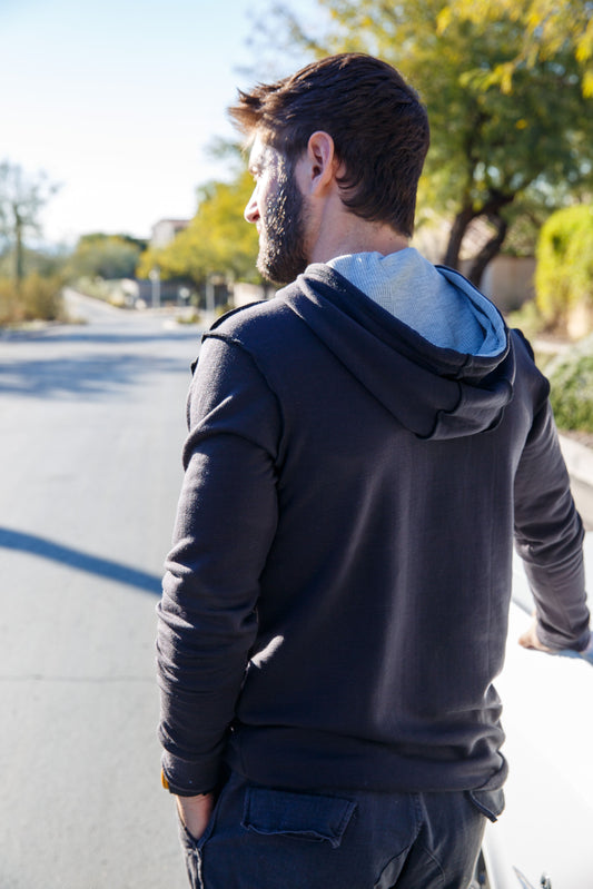 SWEATSHIRT W/ HOOD - COAL/HEATHER GREY