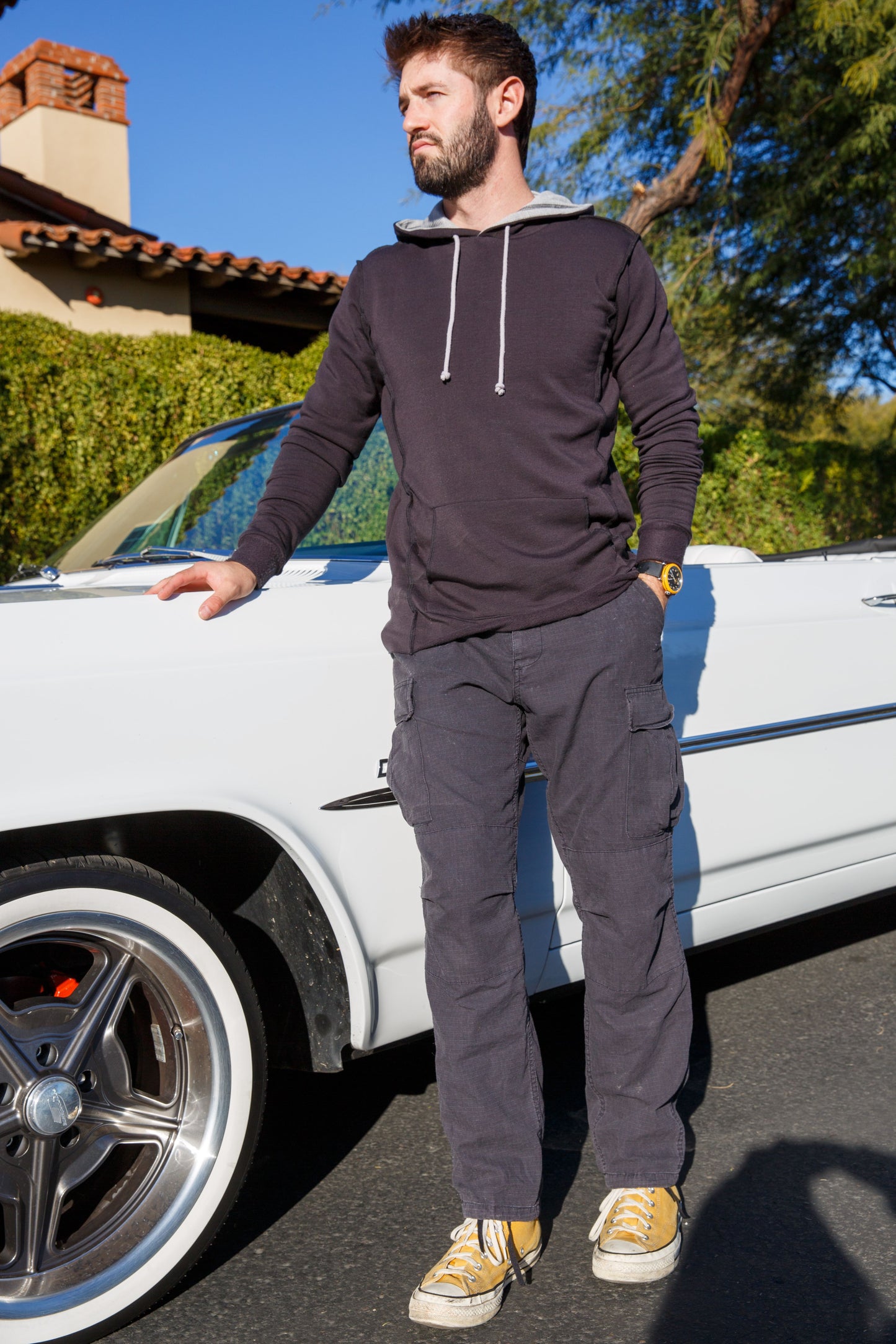 SWEATSHIRT W/ HOOD - COAL/HEATHER GREY