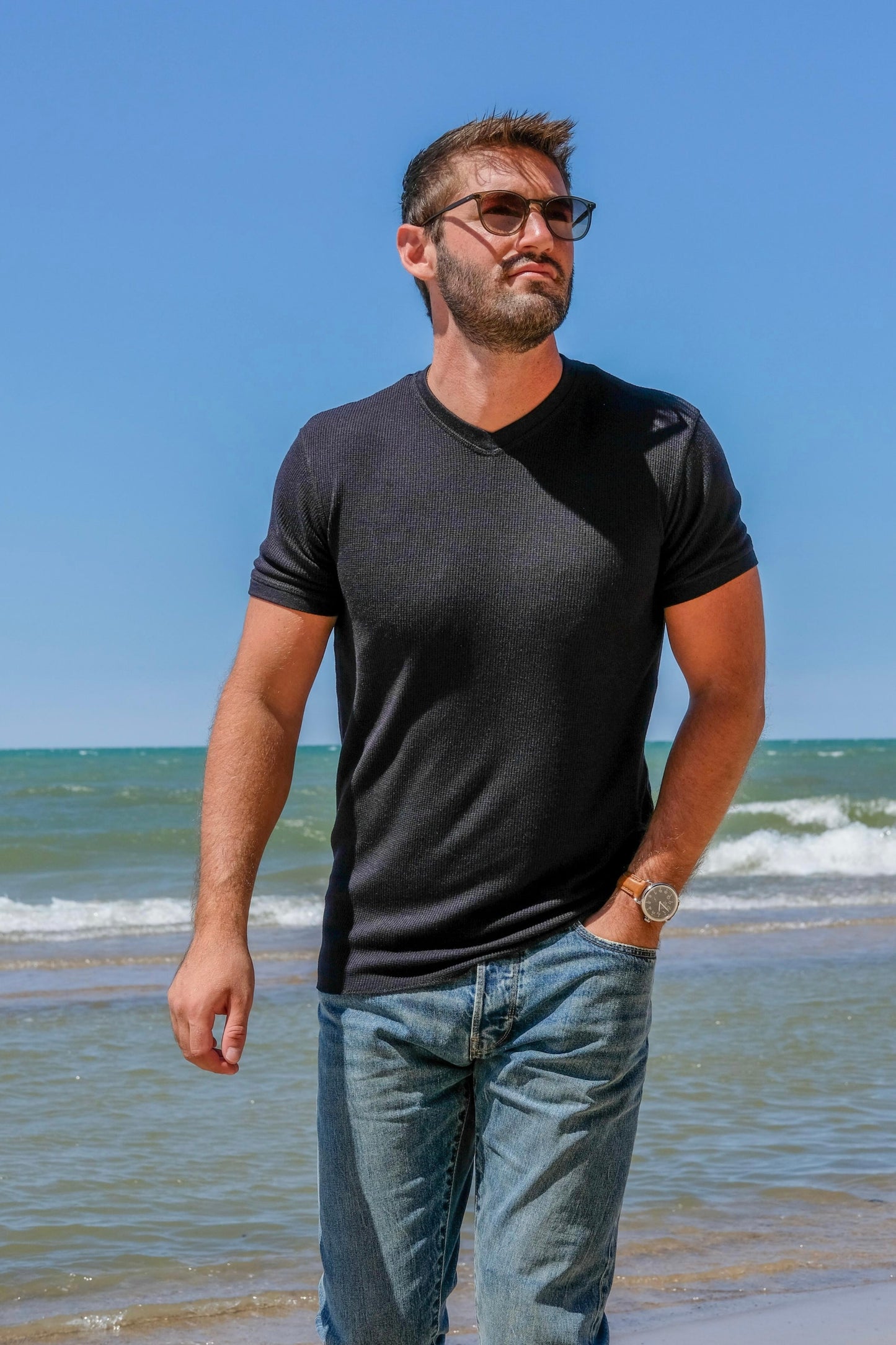 V NECK MODAL THERMAL TEE - BLACK