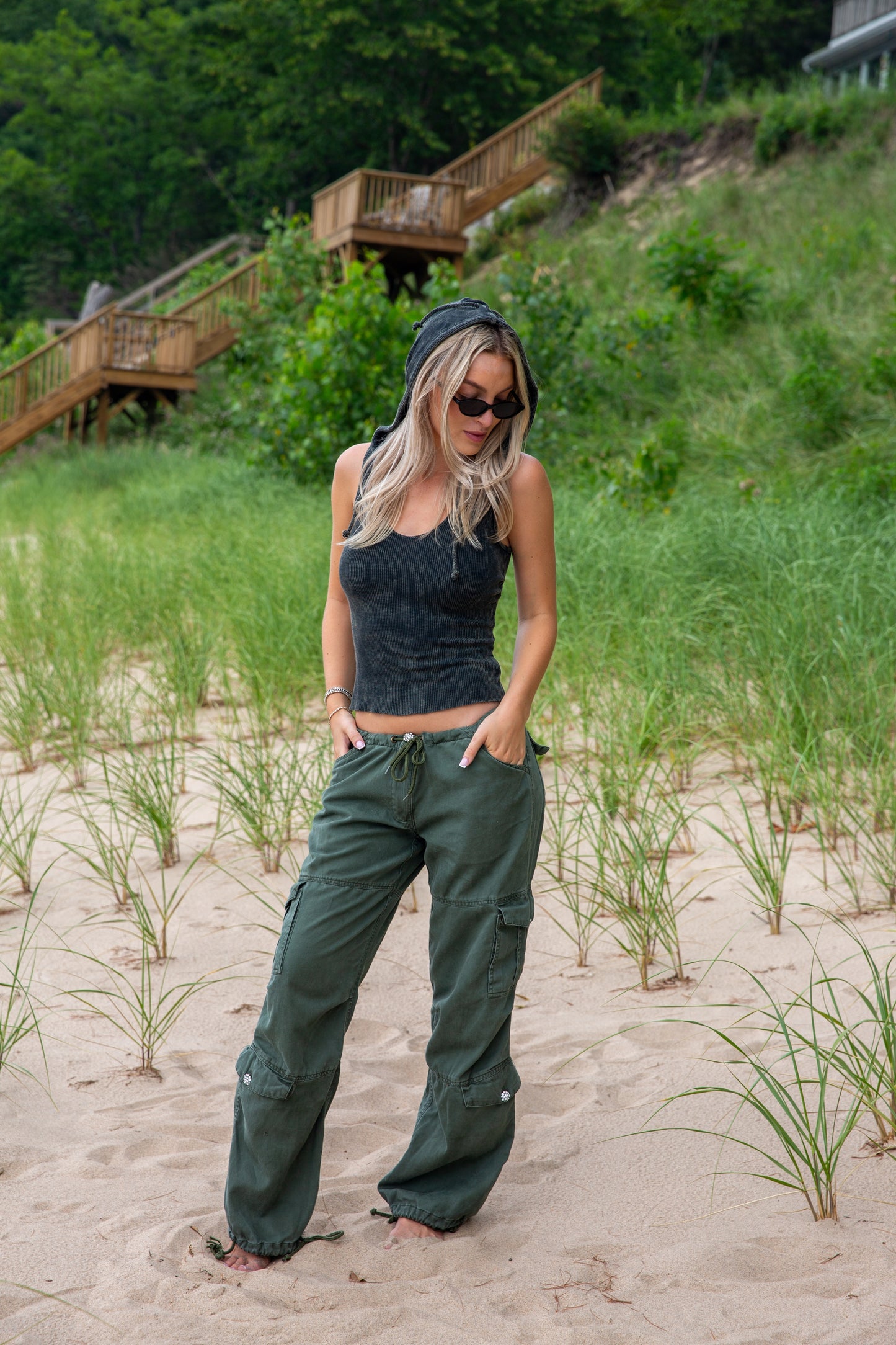 THERMAL HOODED LACE BACK TANK-VINTAGE ARMY