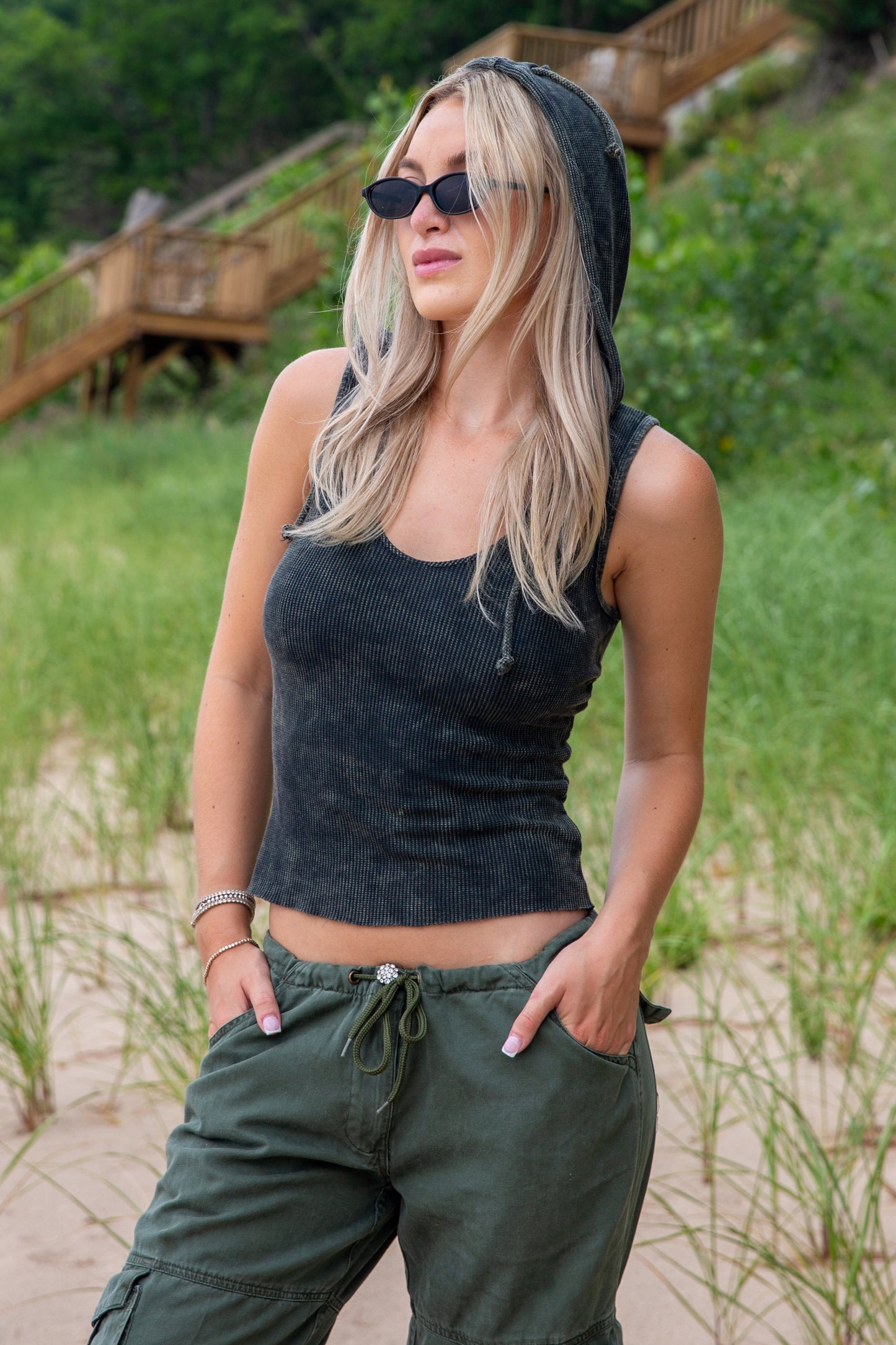THERMAL HOODED LACE BACK TANK-VINTAGE ARMY