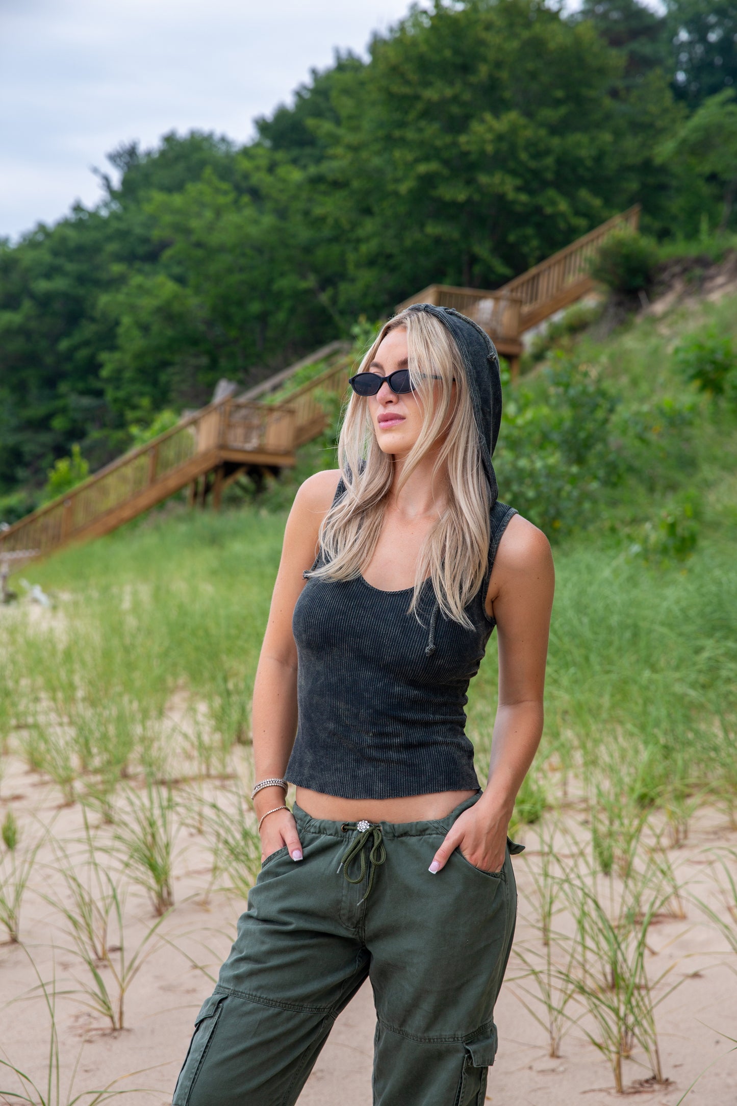 R&R CARGO PANT W/ CRYSTAL BUTTONS - ARMY