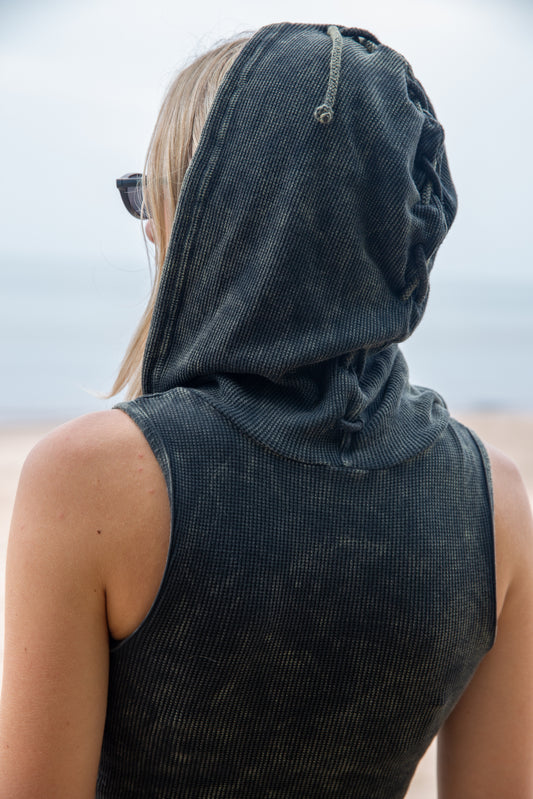 THERMAL HOODED LACE BACK TANK-VINTAGE ARMY