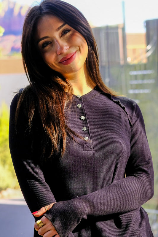 HENLEY W/ CRYSTAL BUTTONS - BLACK