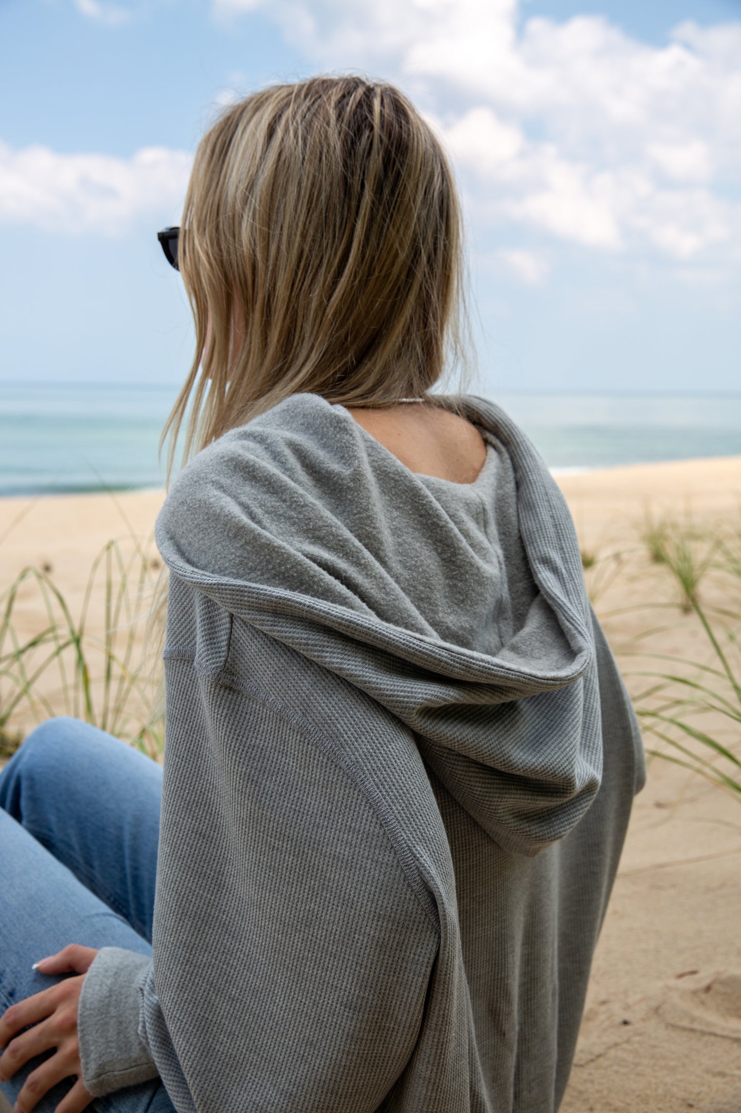 BOXY THERMAL HOODED SWEATSHIRT-HEATHER GREY