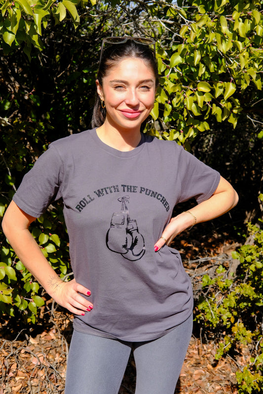 ROLL W/ THE PUNCHES GLITTER BOXING TEE-VINTAGE BLACK