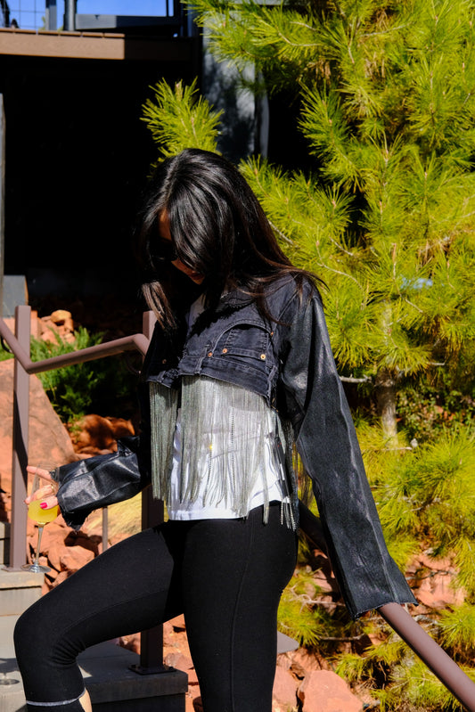 VINTAGE JACKET W/ FRINGE - BLACK DENIM