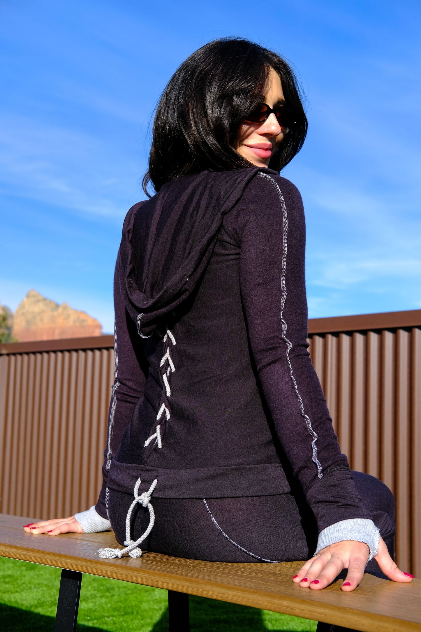 LACE BACK ZIP-UP HOODIE - COAL