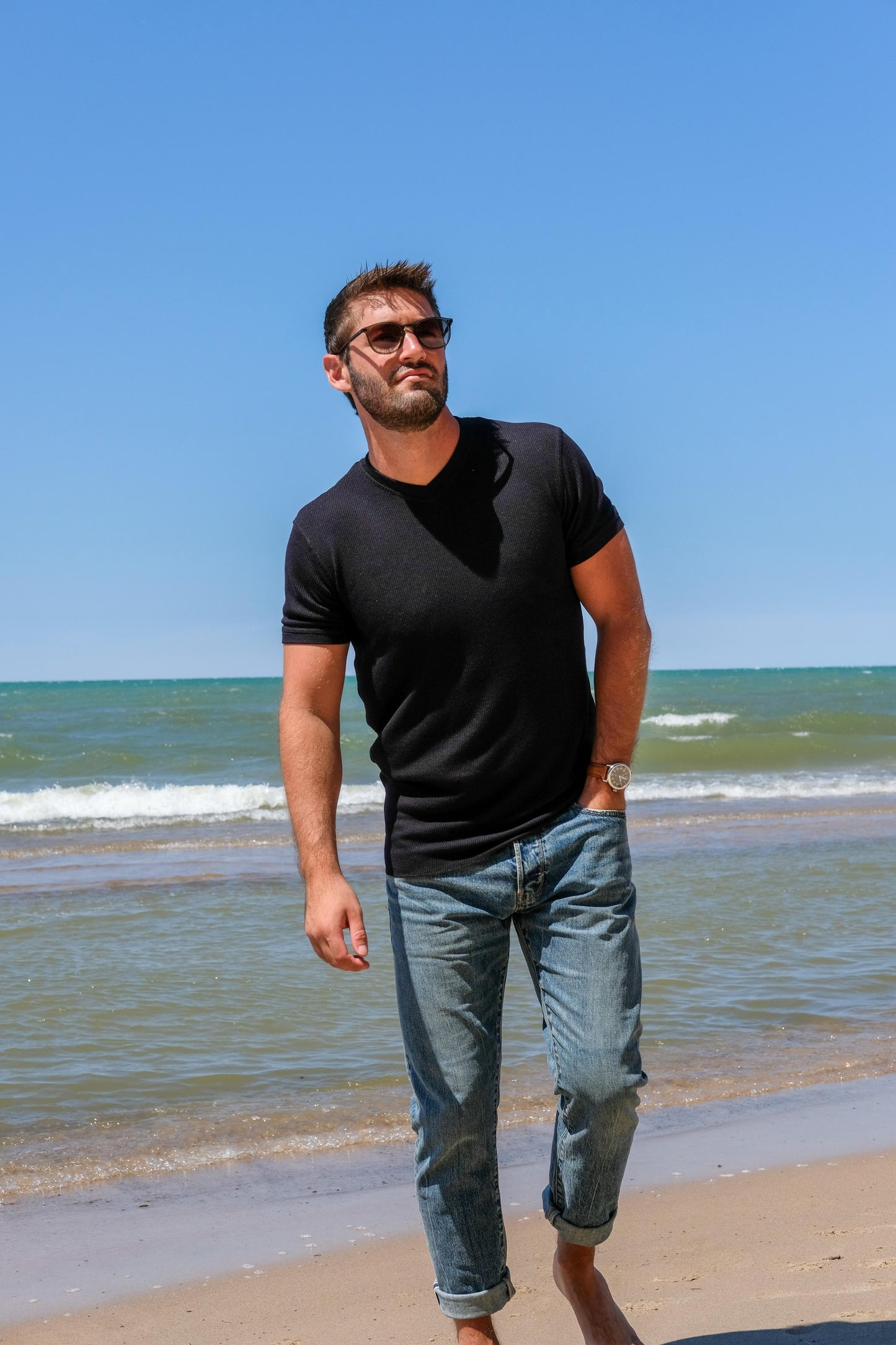 V NECK MODAL THERMAL TEE - BLACK