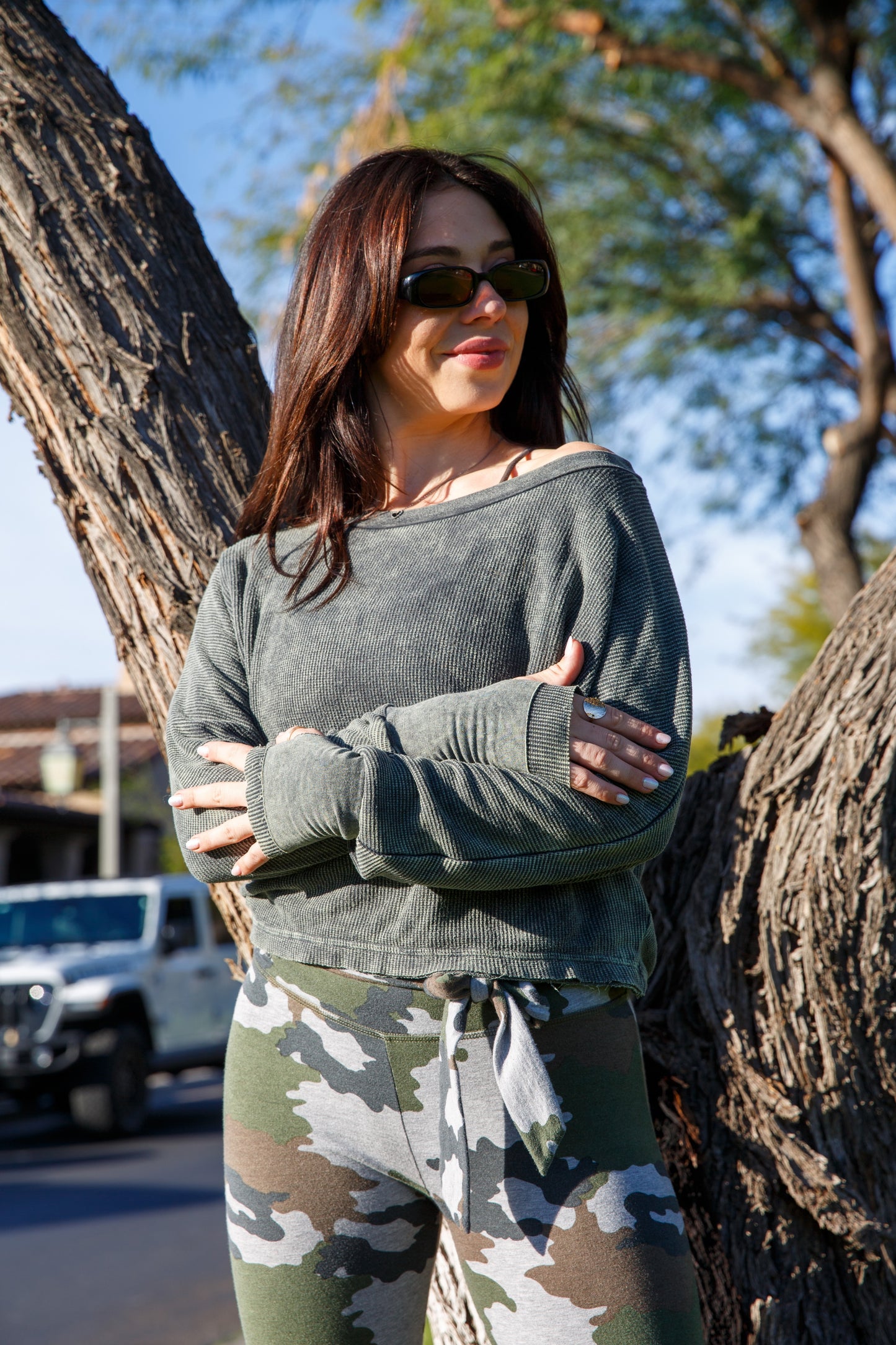 TIE WAIST CROP PANT - HEATHER GREY/CAMO