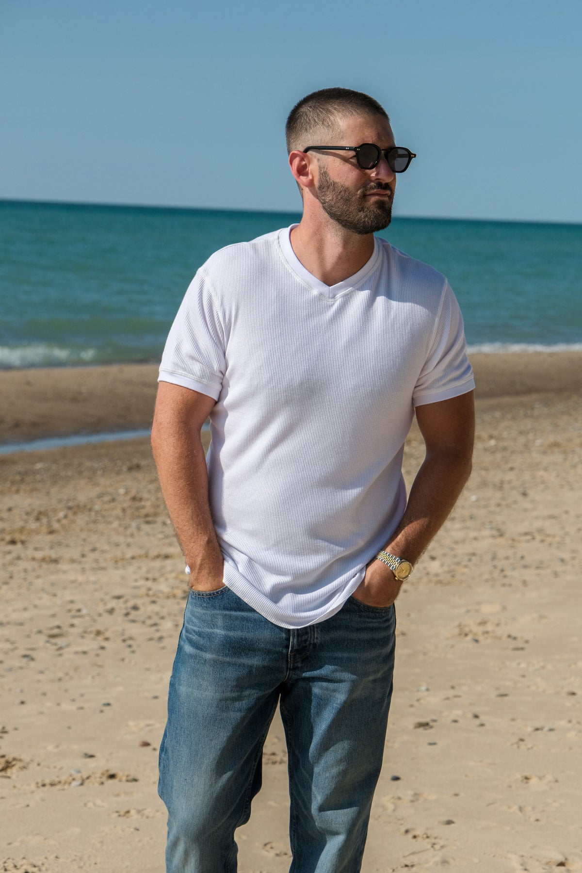 V NECK MODAL THERMAL TEE - WHITE