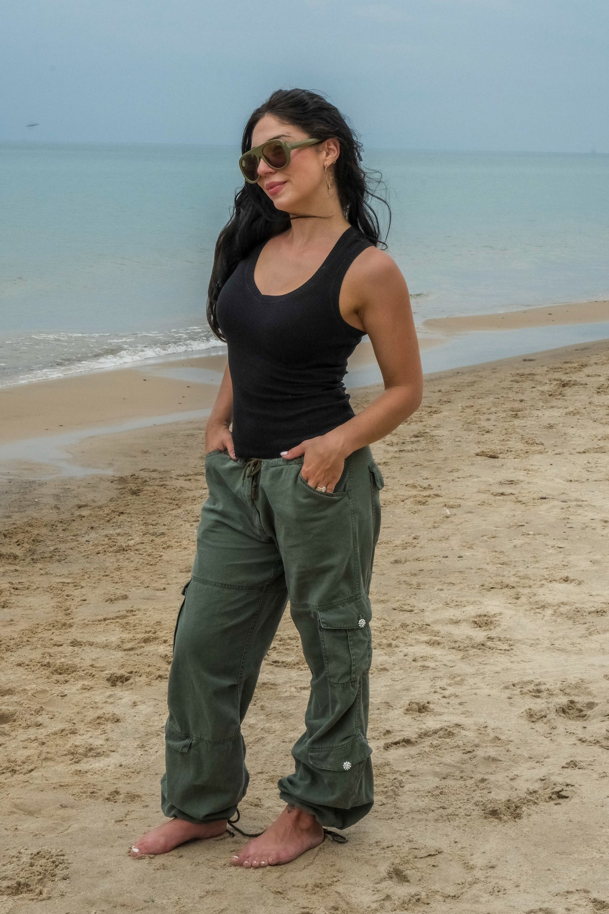 CARGO PANT W/ CRYSTAL BUTTONS - ARMY
