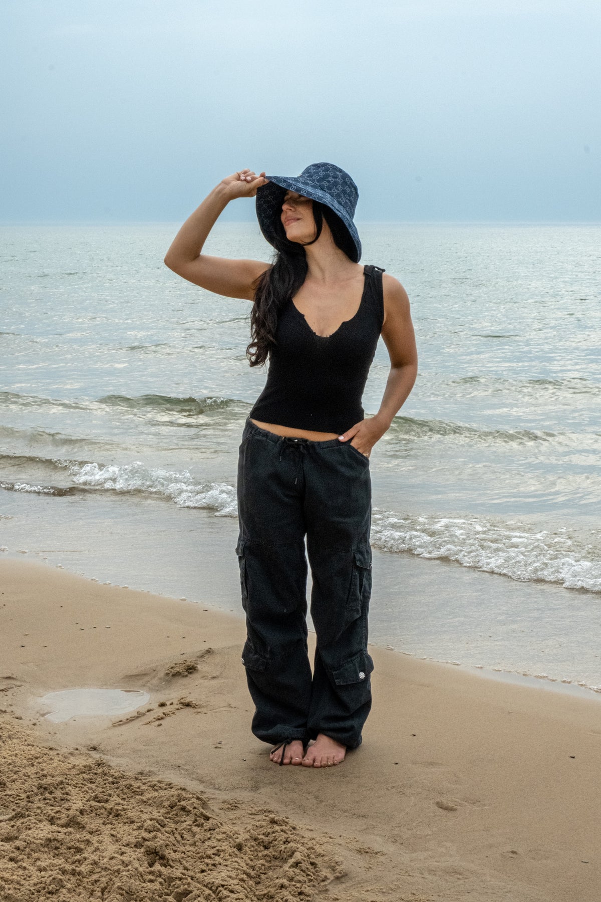 CARGO PANT W/ CRYSTAL BUTTONS - BLACK