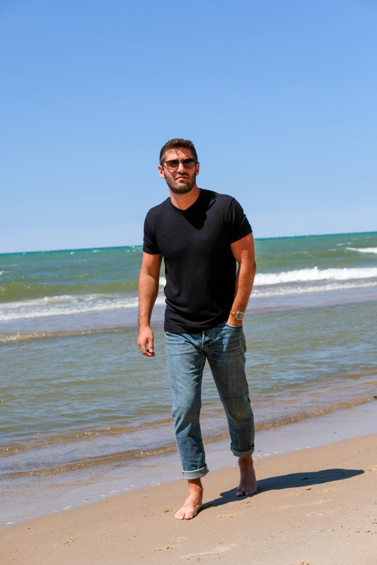 V NECK MODAL THERMAL TEE - BLACK