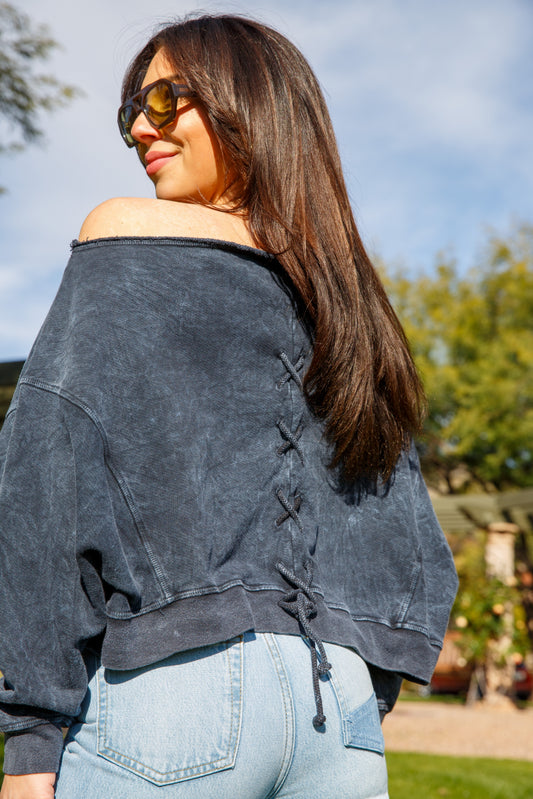 LACE-BACK SWEATSHRT - VINTAGE BLACK