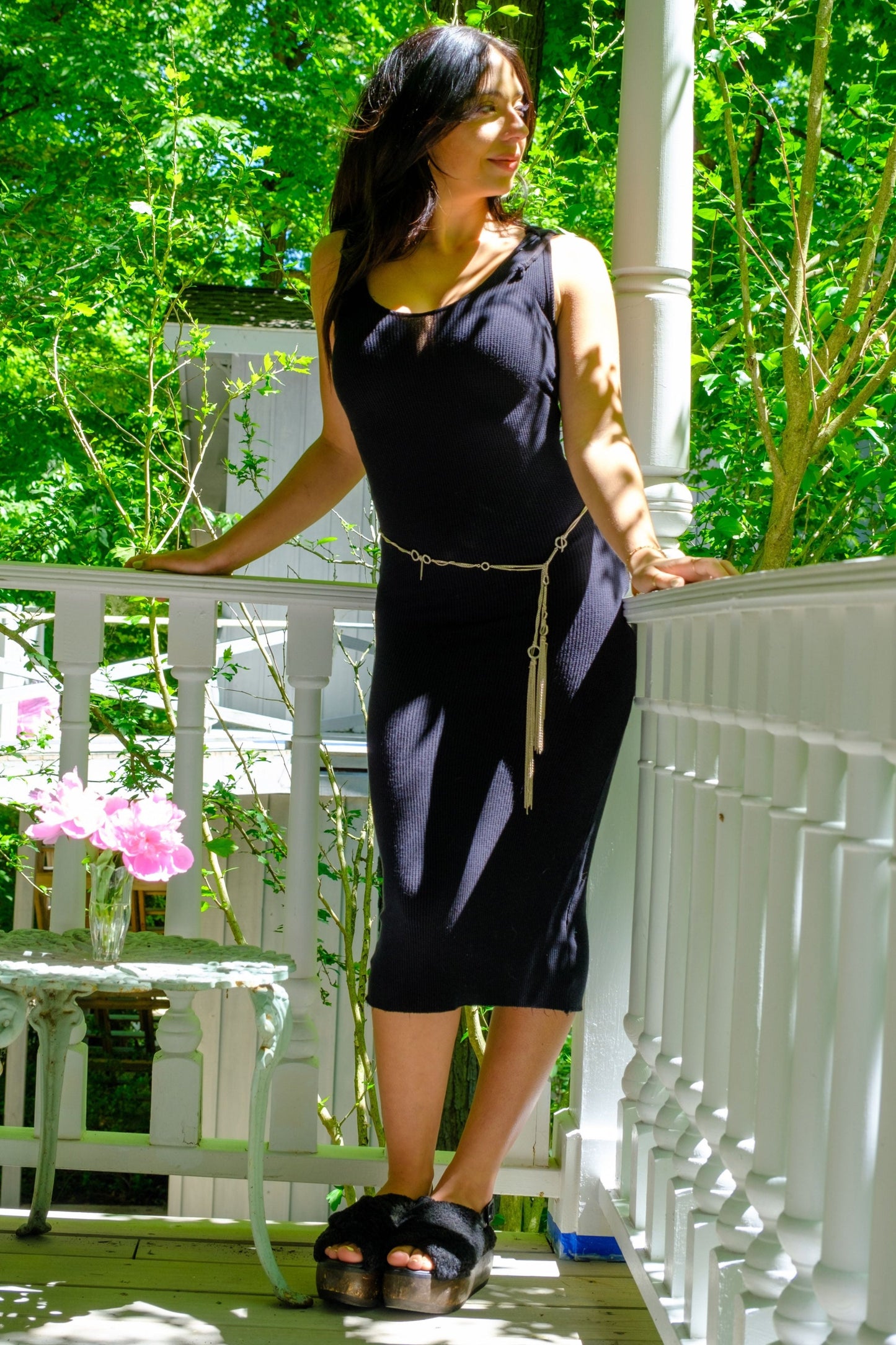 HOODED LACE BACK DRESS - BLACK