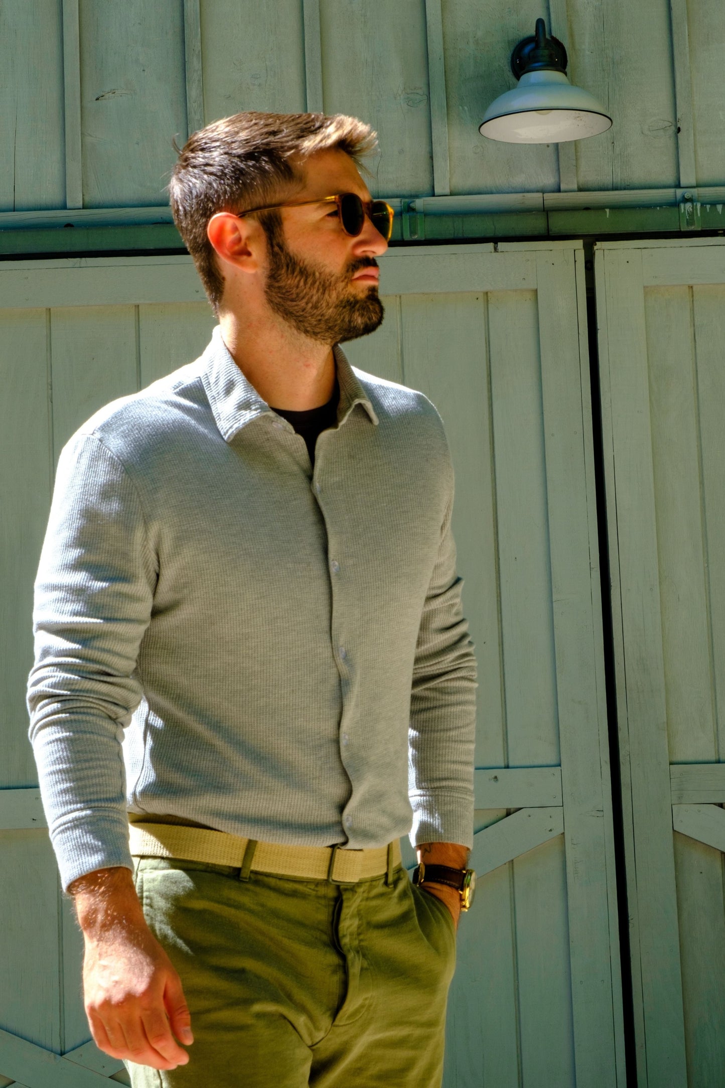 THERMAL BUTTON DOWN SHIRT - HEATHER GREY