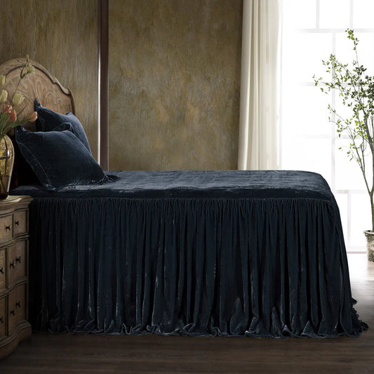 STELLA FAUX SILK VELVET BEDSPREAD SET NAVY KING