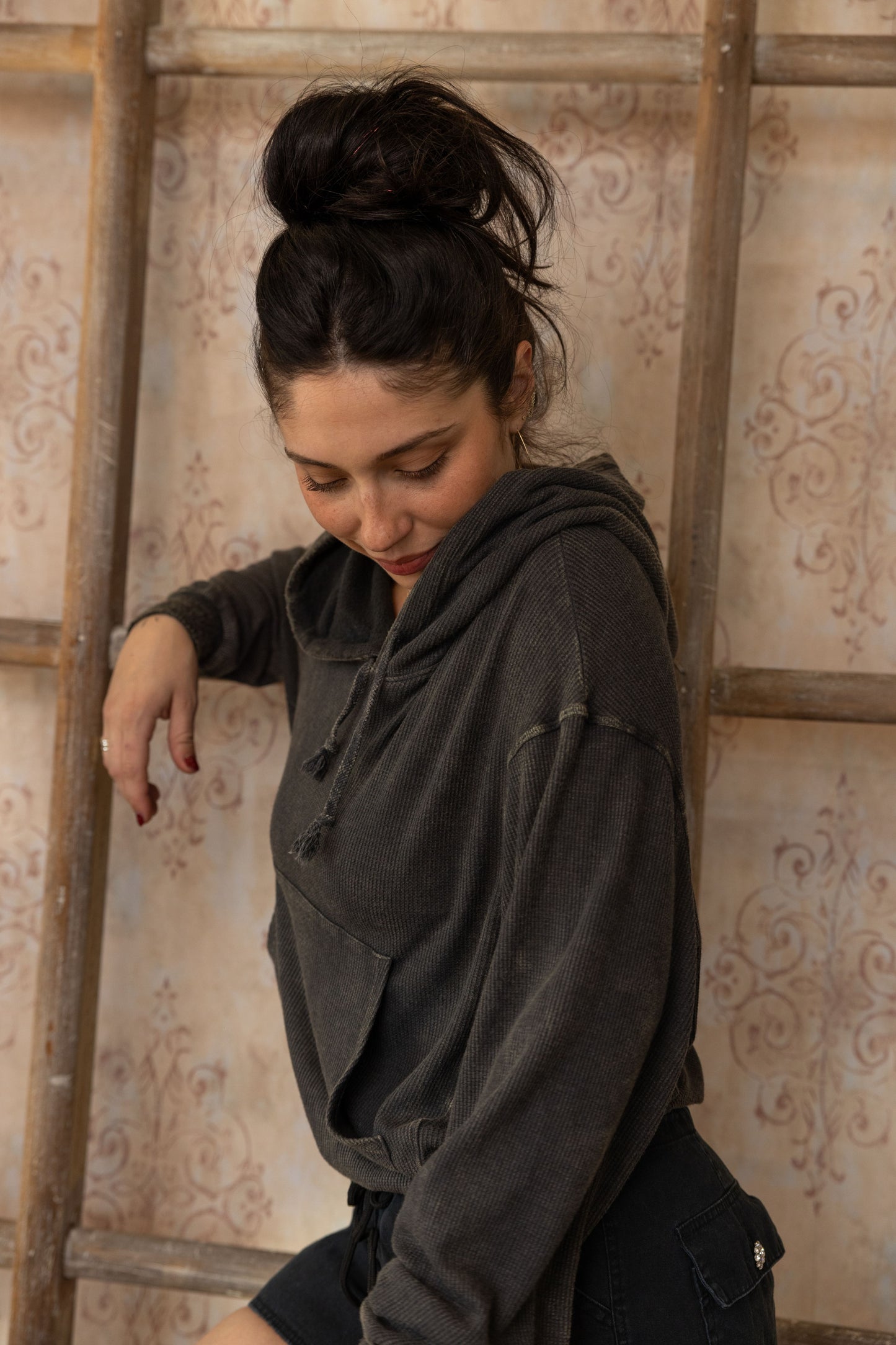 BOXY THERMAL HOODED SWEATSHIRT-VINTAGE ARMY