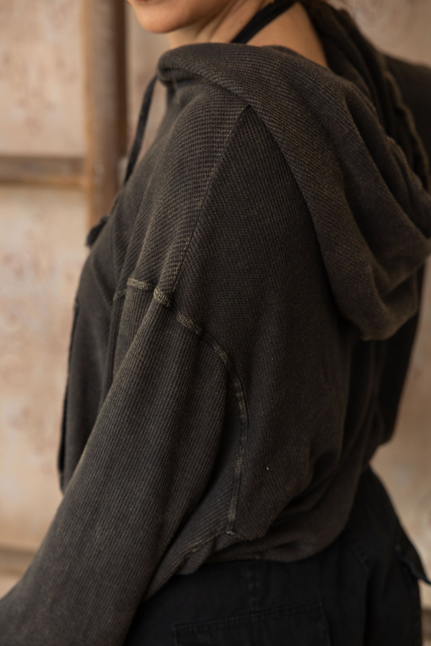 BOXY THERMAL HOODED SWEATSHIRT-VINTAGE ARMY