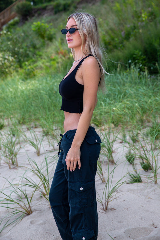 R&R CARGO PANT W/ CRYSTAL BUTTONS - BLACK