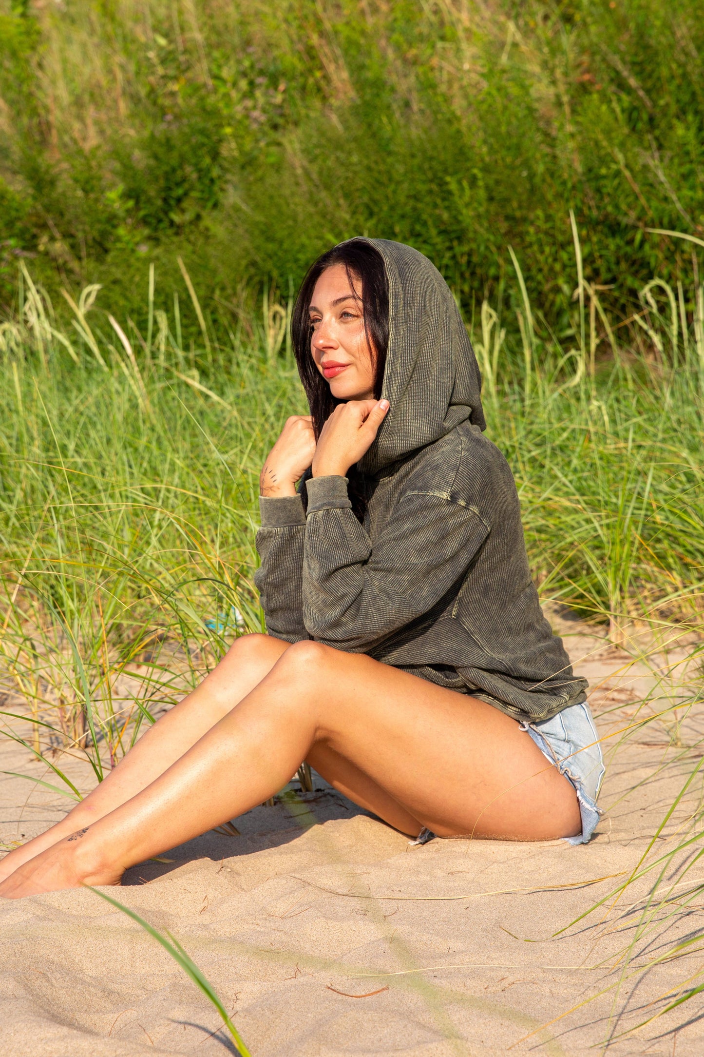 BOXY THERMAL HOODED SWEATSHIRT-VINTAGE ARMY