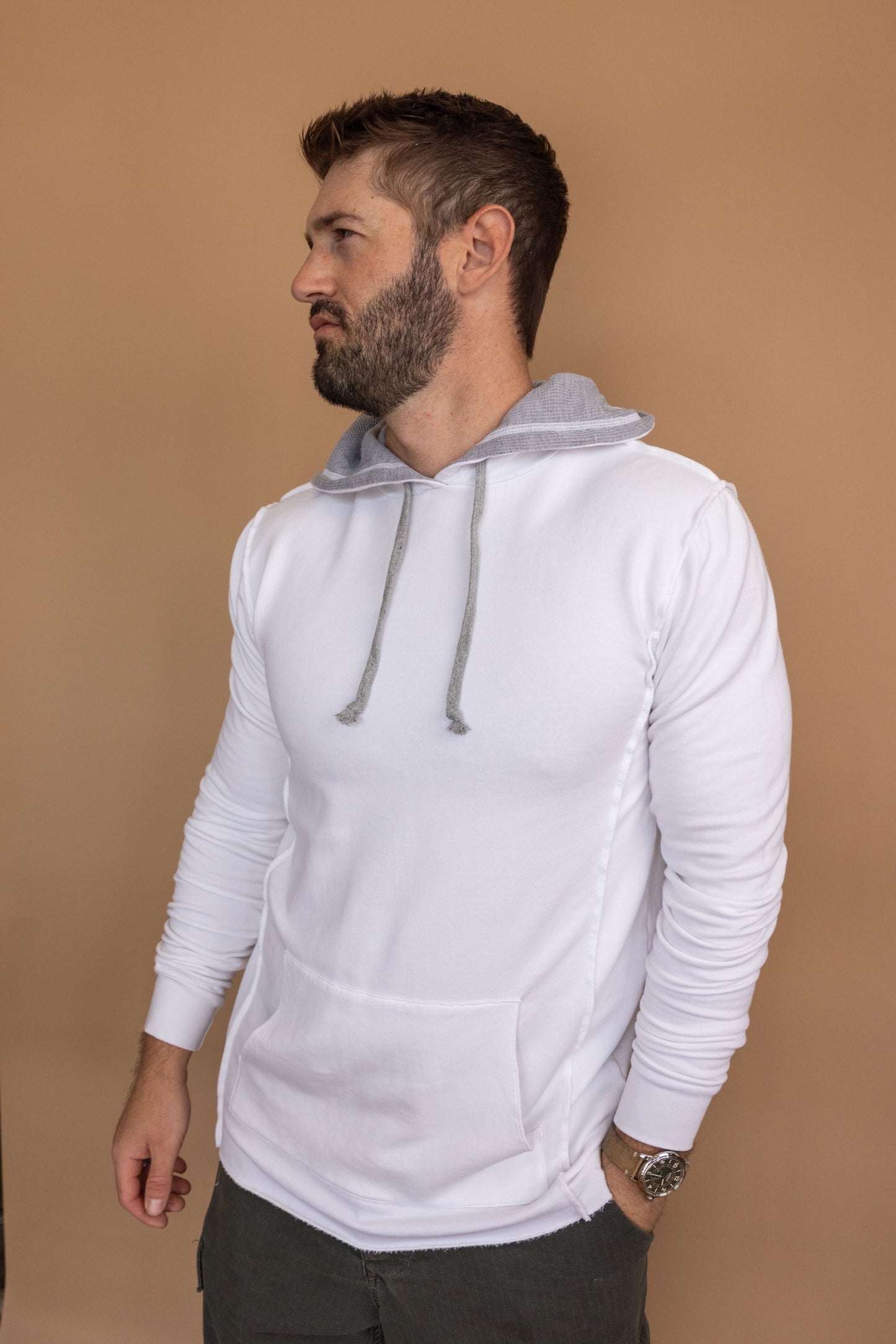 TENCEL FLEECE HOODED SWEATSHIRT - WHITE/HEATHER