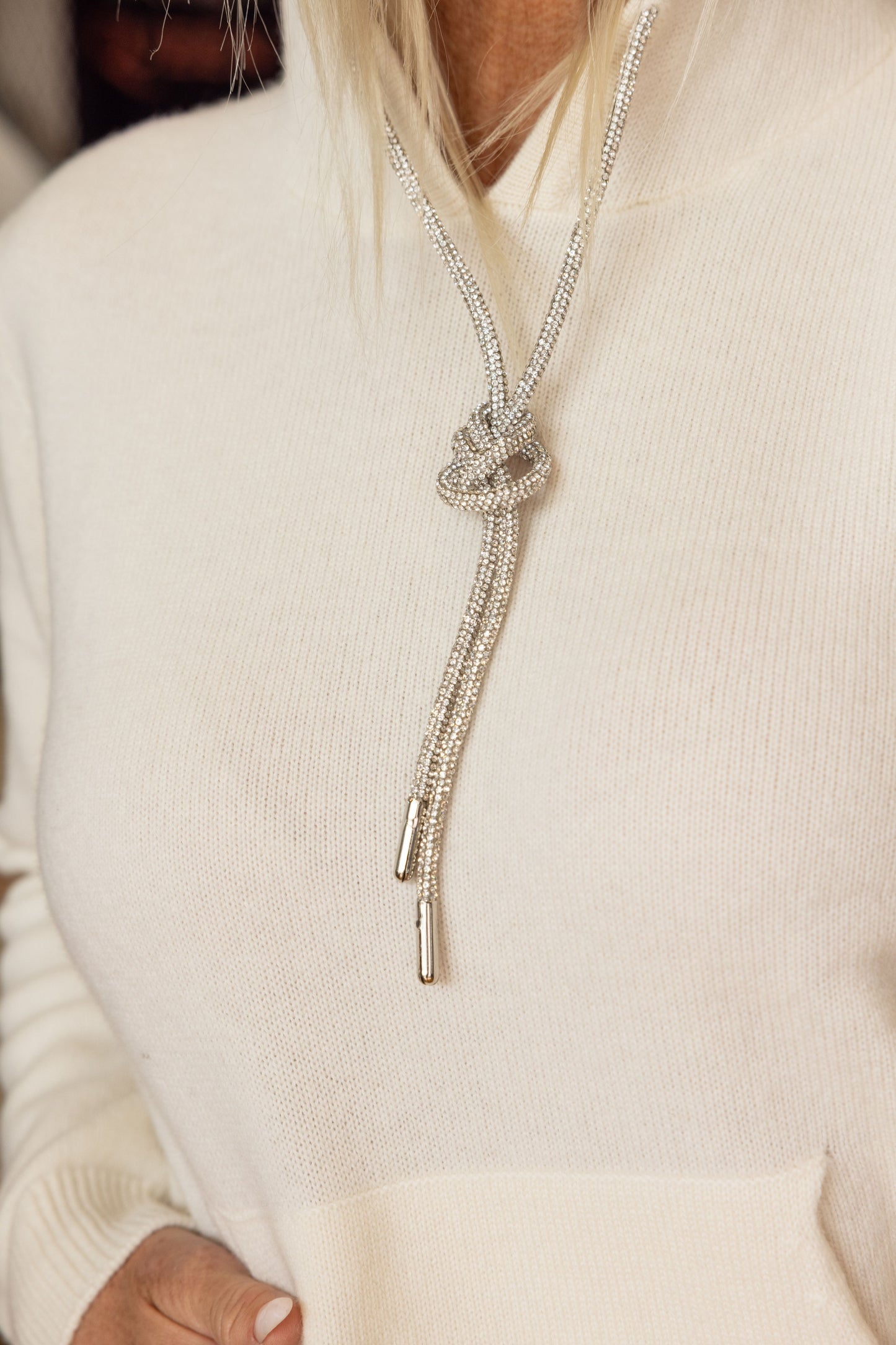 CASHMERE ZIP HOODIE WITH CRYSTAL TIE-CREAM