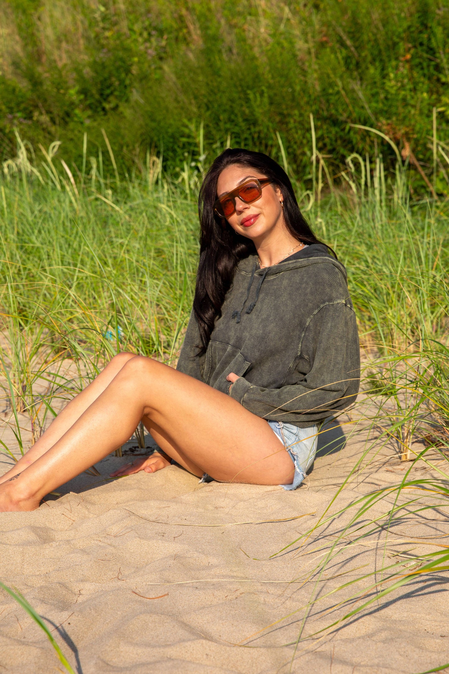 BOXY THERMAL HOODED SWEATSHIRT-VINTAGE ARMY
