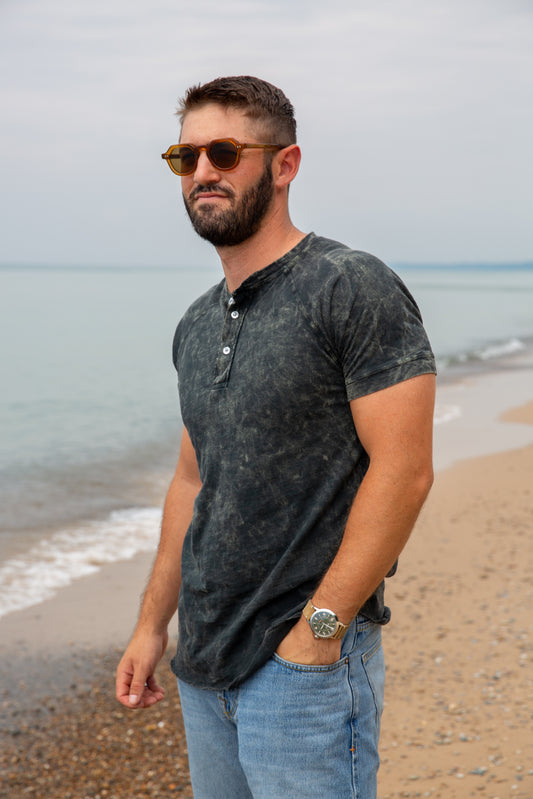COTTON SLUB SHORT SLEEVE HENLEY -VINTAGE ARMY