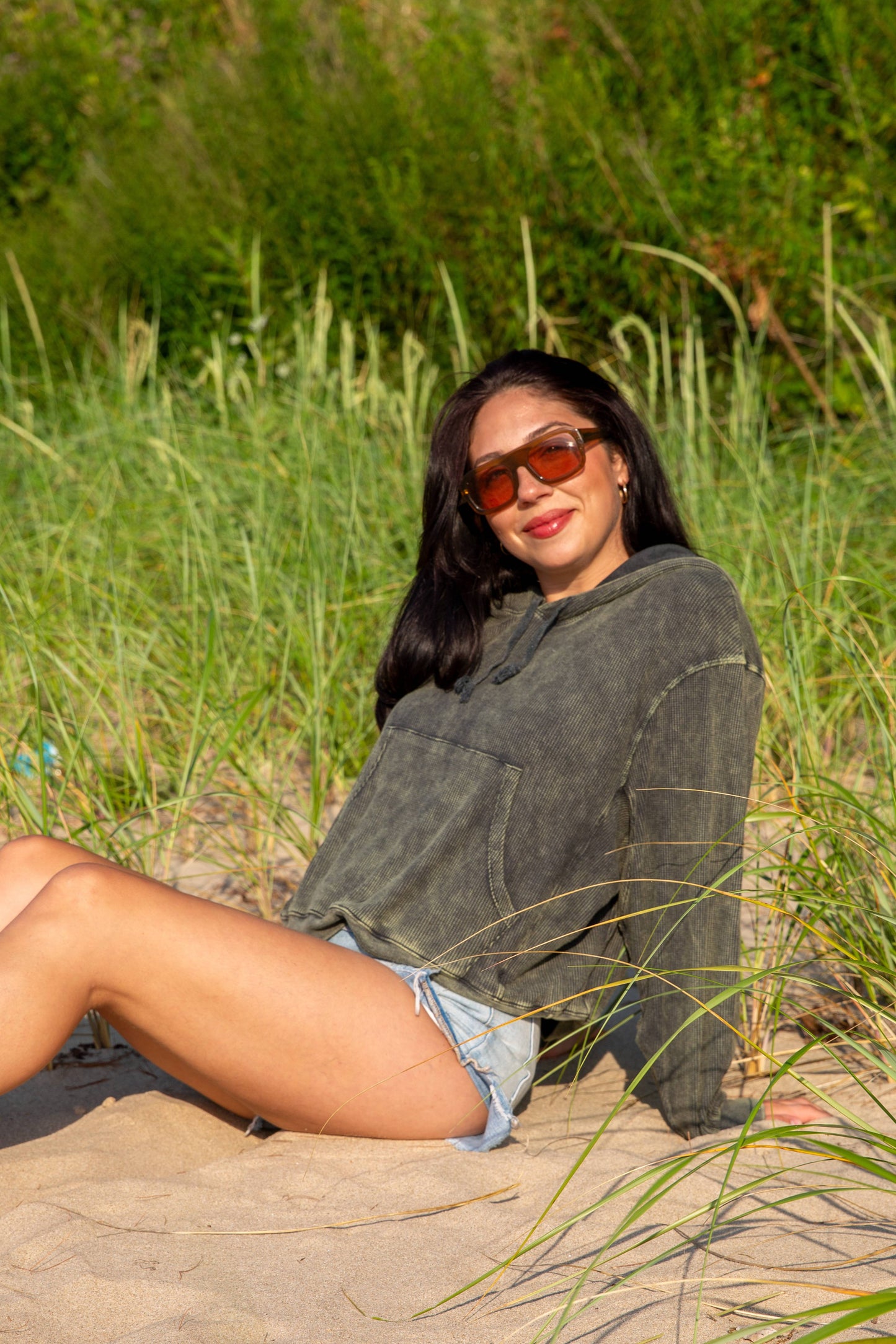 BOXY THERMAL HOODED SWEATSHIRT-VINTAGE ARMY