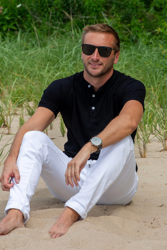 COTTON SLUB SHORT SLEEVE HENLEY -BLACK