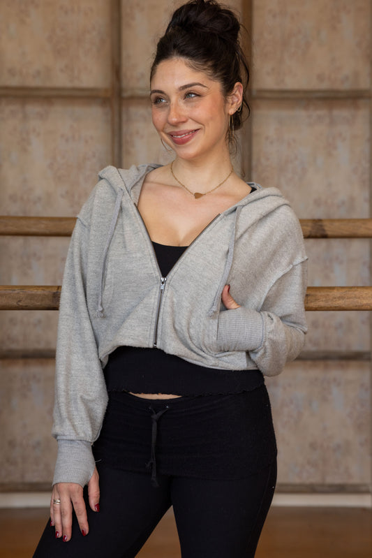 CROP REVERSE FLEECE ZIP HOODIE- HEATHER GREY