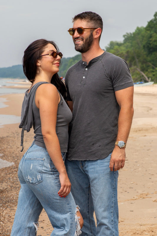 COTTON SLUB SHORT SLEEVE HENLEY -CHARCOAL