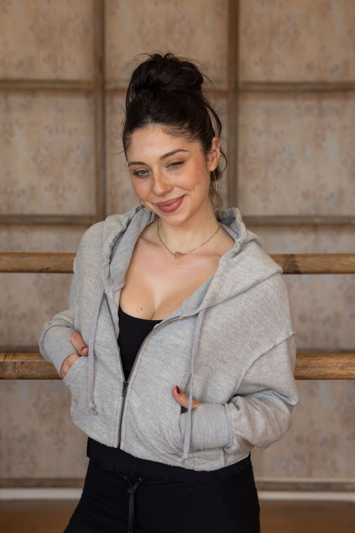 CROP REVERSE FLEECE ZIP HOODIE- HEATHER GREY
